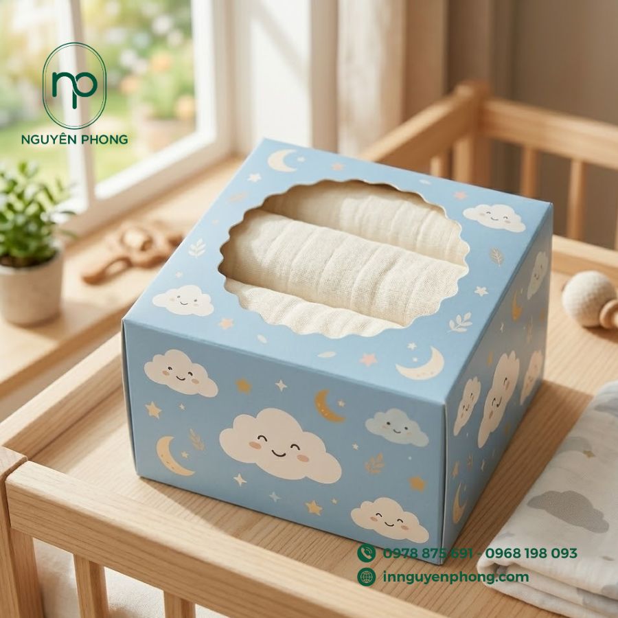 in hộp đựng khăn xô, khăn sữa cho em bé